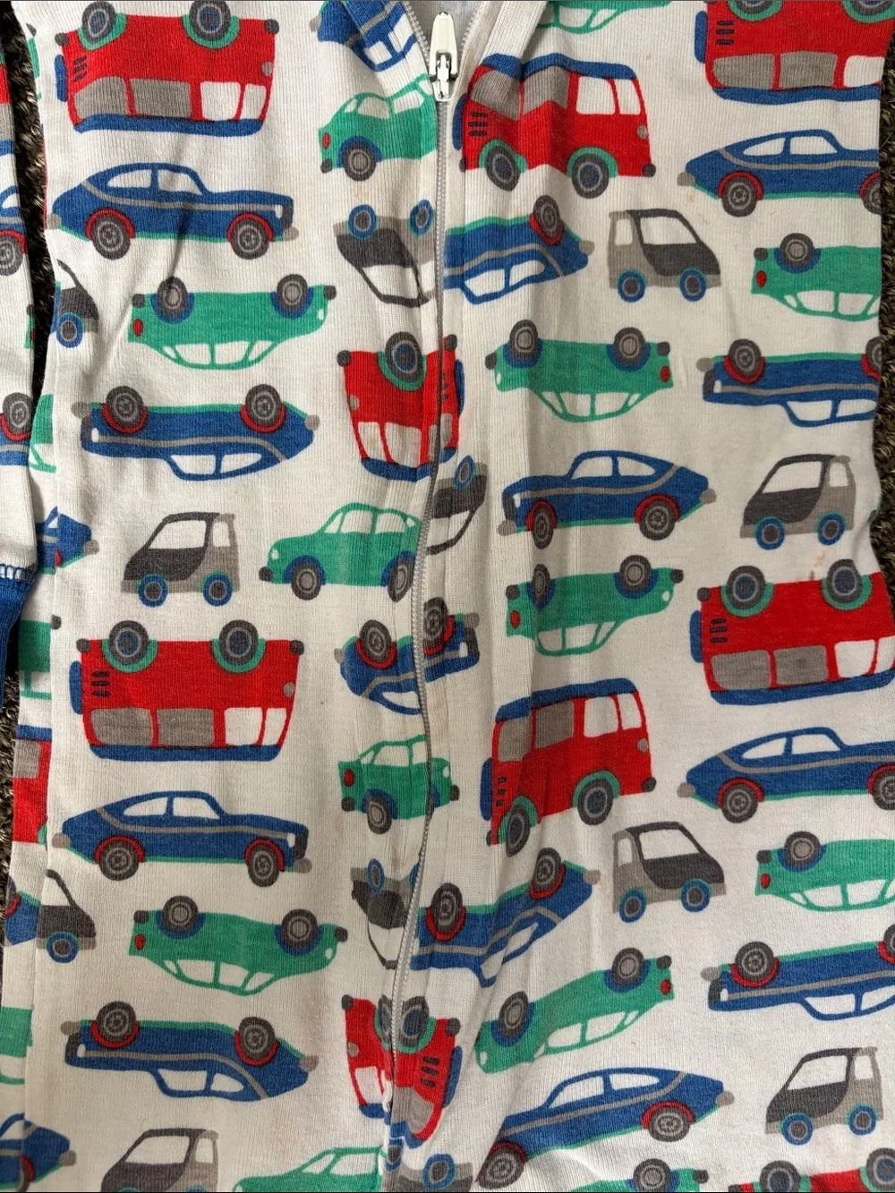 White Kids One-Piece Footie with Red and Blue Car Print